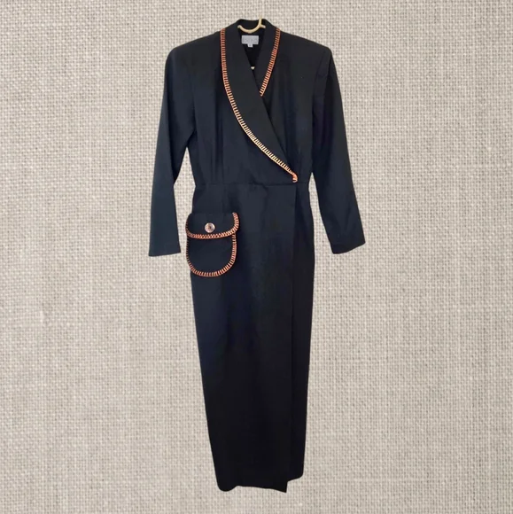 Vintage Black Wrap Maxi Dress 80s New Old Stock Elegant Glamour Witchy Sz 6 - Picture 2 of 12